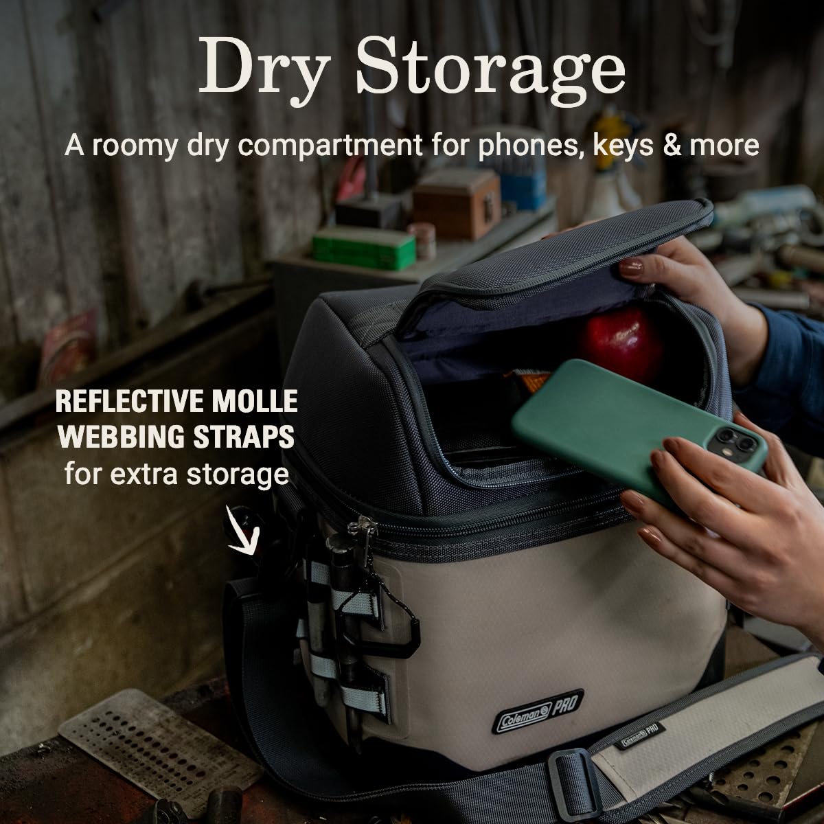 Coleman Pro 16-Can Soft Cooler dry storage keeps keys and phones organized