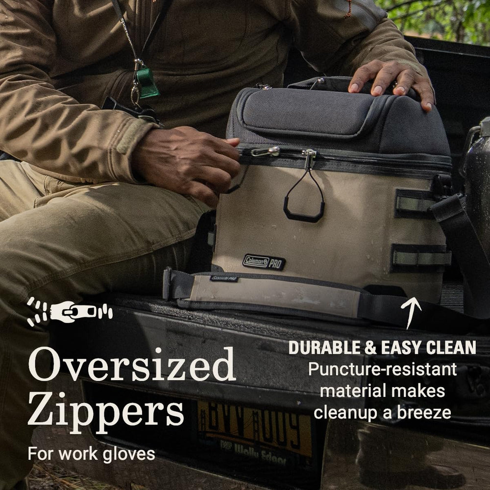 Coleman Pro Soft Cooler with adjustable shoulder strap enables hands-free carrying