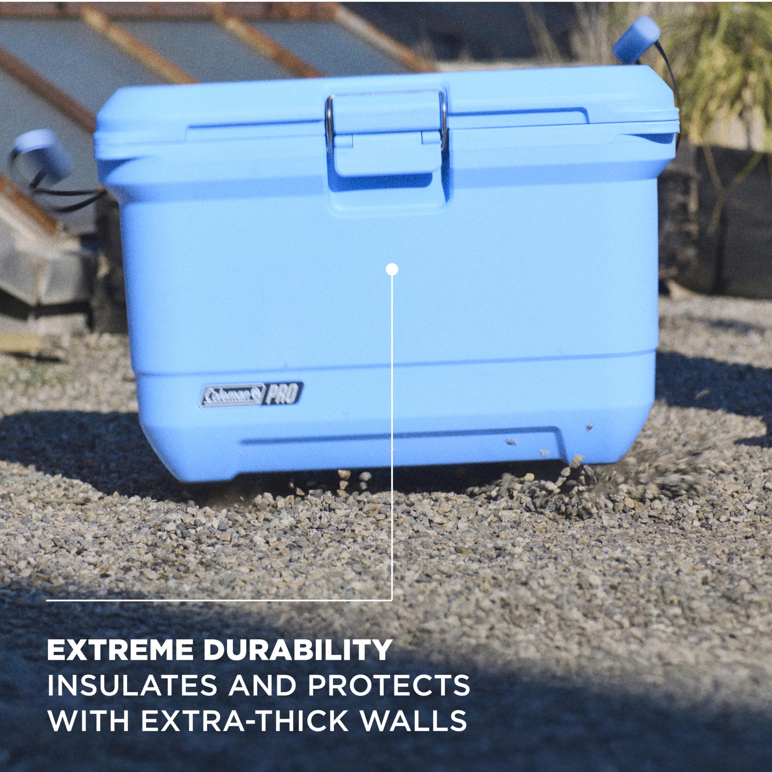Coleman Pro 45QT with lid open and stainless latch for easy one-handed access.