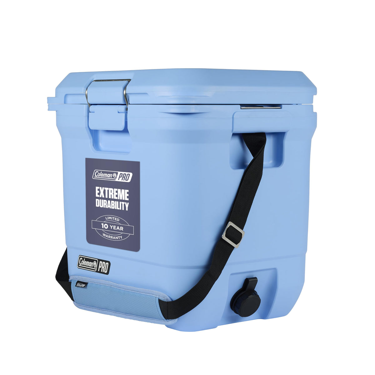 Coleman Pro 25qt cooler front view emphasizes rugged durability for outdoor adventures.