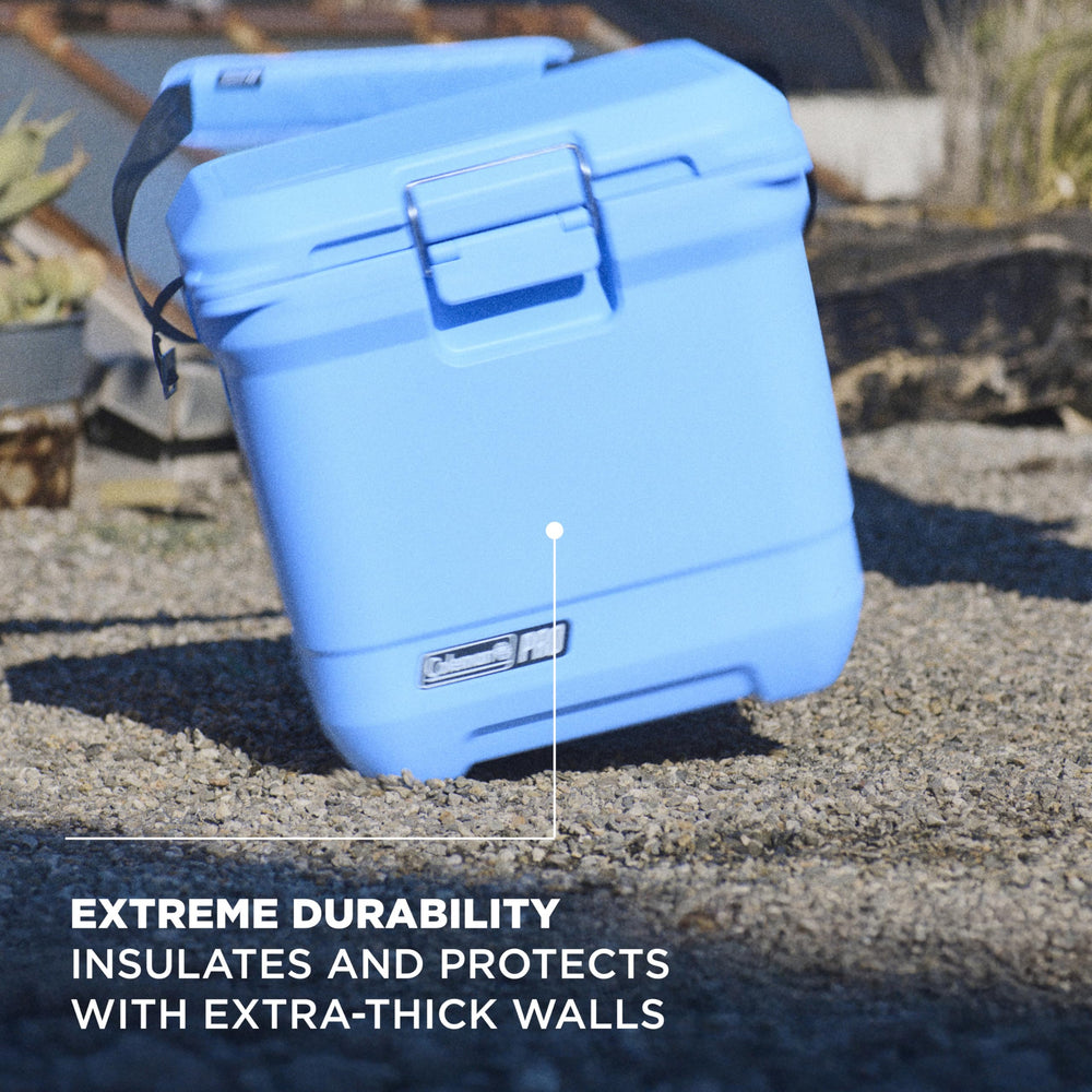 Coleman Pro 25qt cooler with lid open highlights 36-can capacity for gatherings.