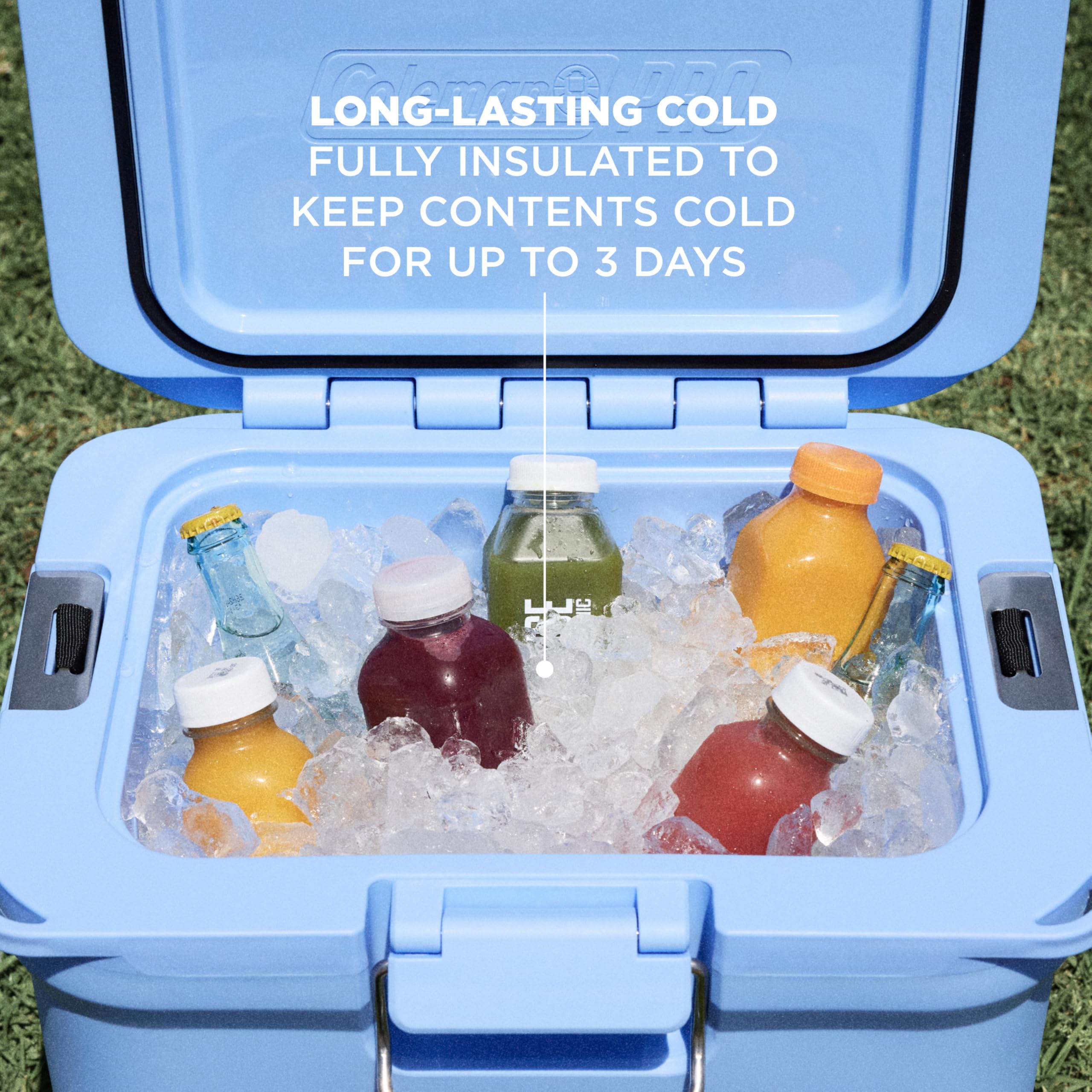 Coleman Pro 25qt cooler side with stainless latch suggests one-hand access.