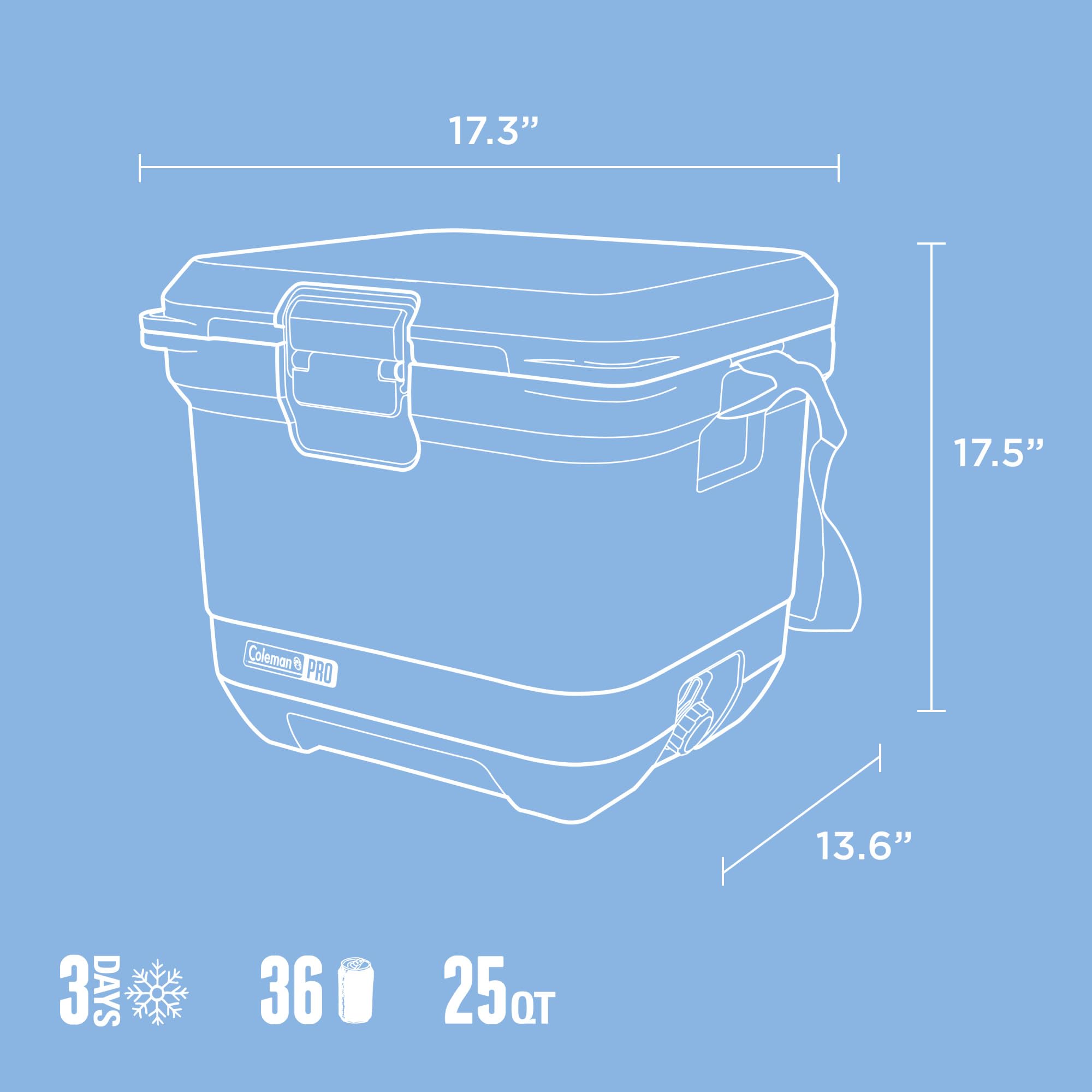 Coleman Pro 25qt cooler strapped with padded strap enables easy transport.