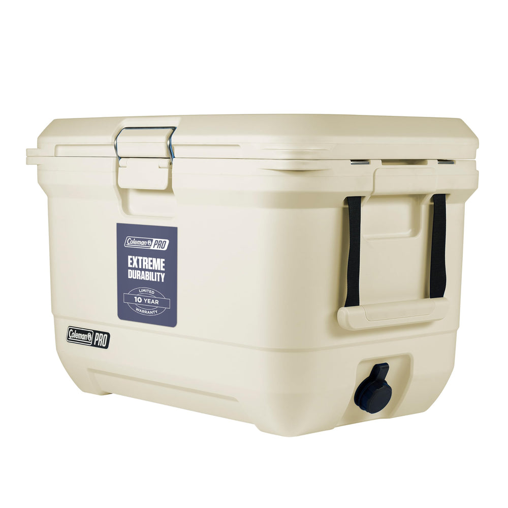 Coleman Pro 45qt cooler with lid open for easy access and quick refreshment.