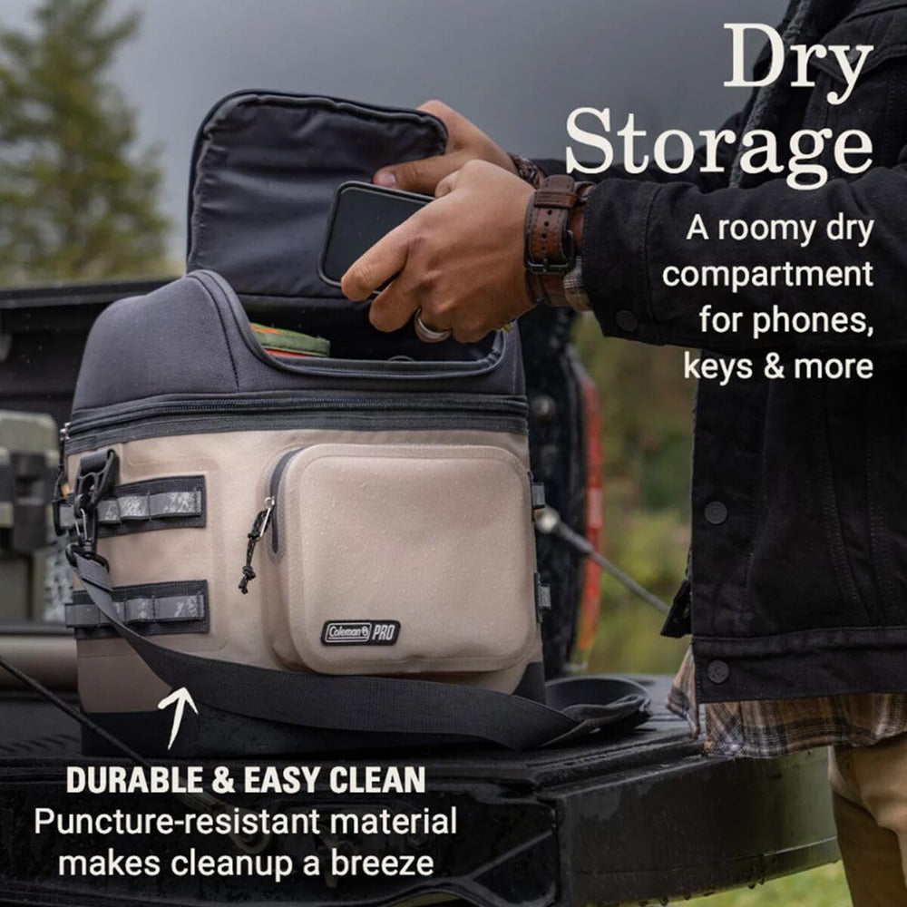 Coleman Pro soft cooler dry storage keeps valuables secure and organized.