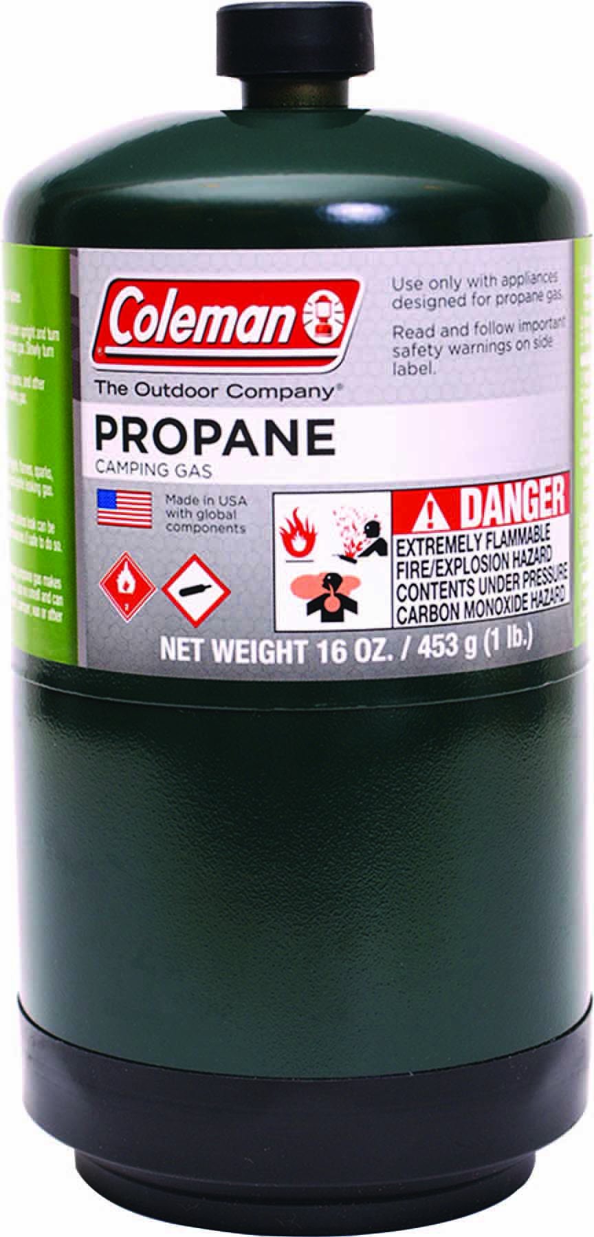 Coleman 16oz green propane cylinder, front view, perfect for portable camping stoves and lanterns on trips.