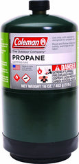 Coleman 16oz green propane cylinder, front view, perfect for portable camping stoves and lanterns on trips.