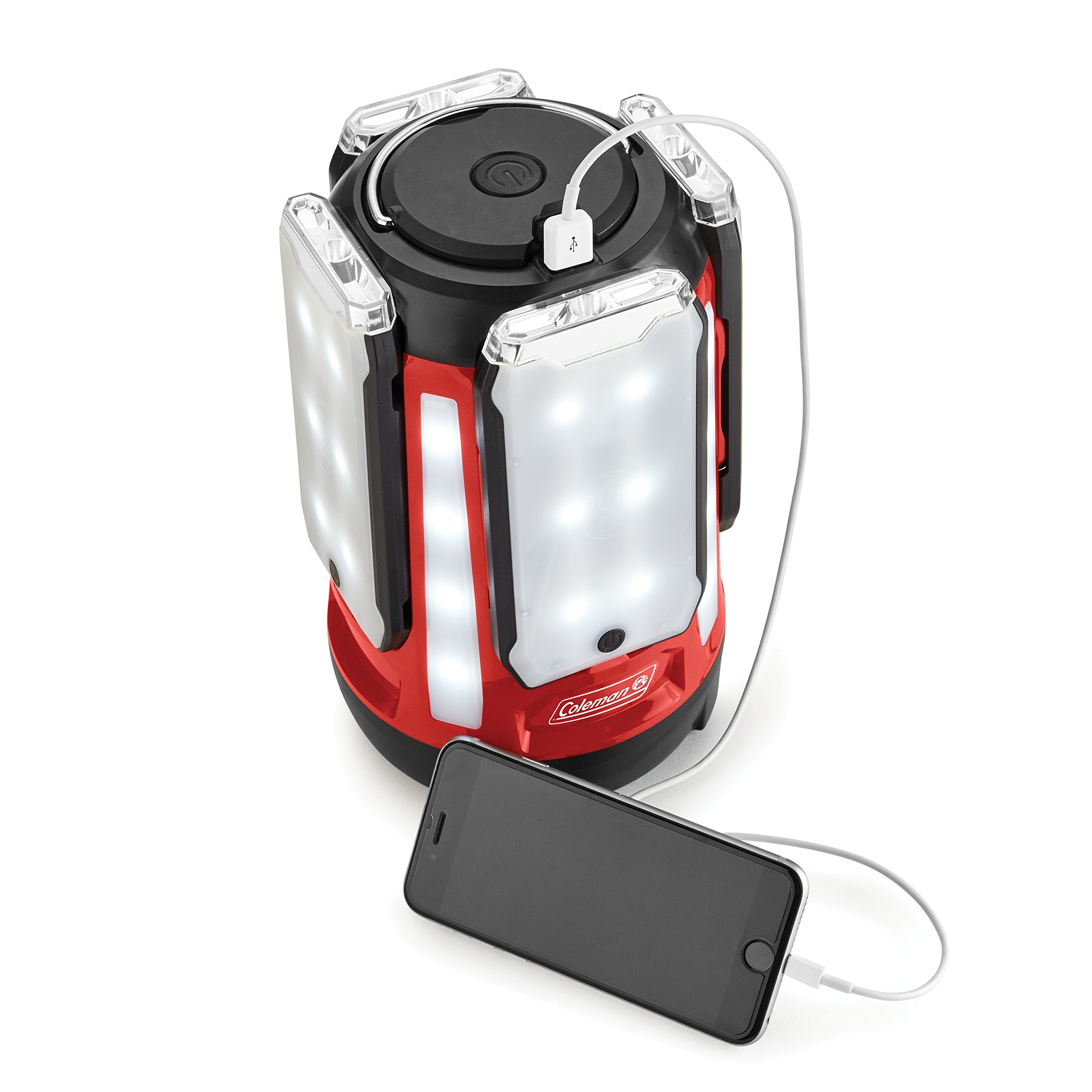 Coleman Quad Panel 800L USB port powers a mobile device during trips