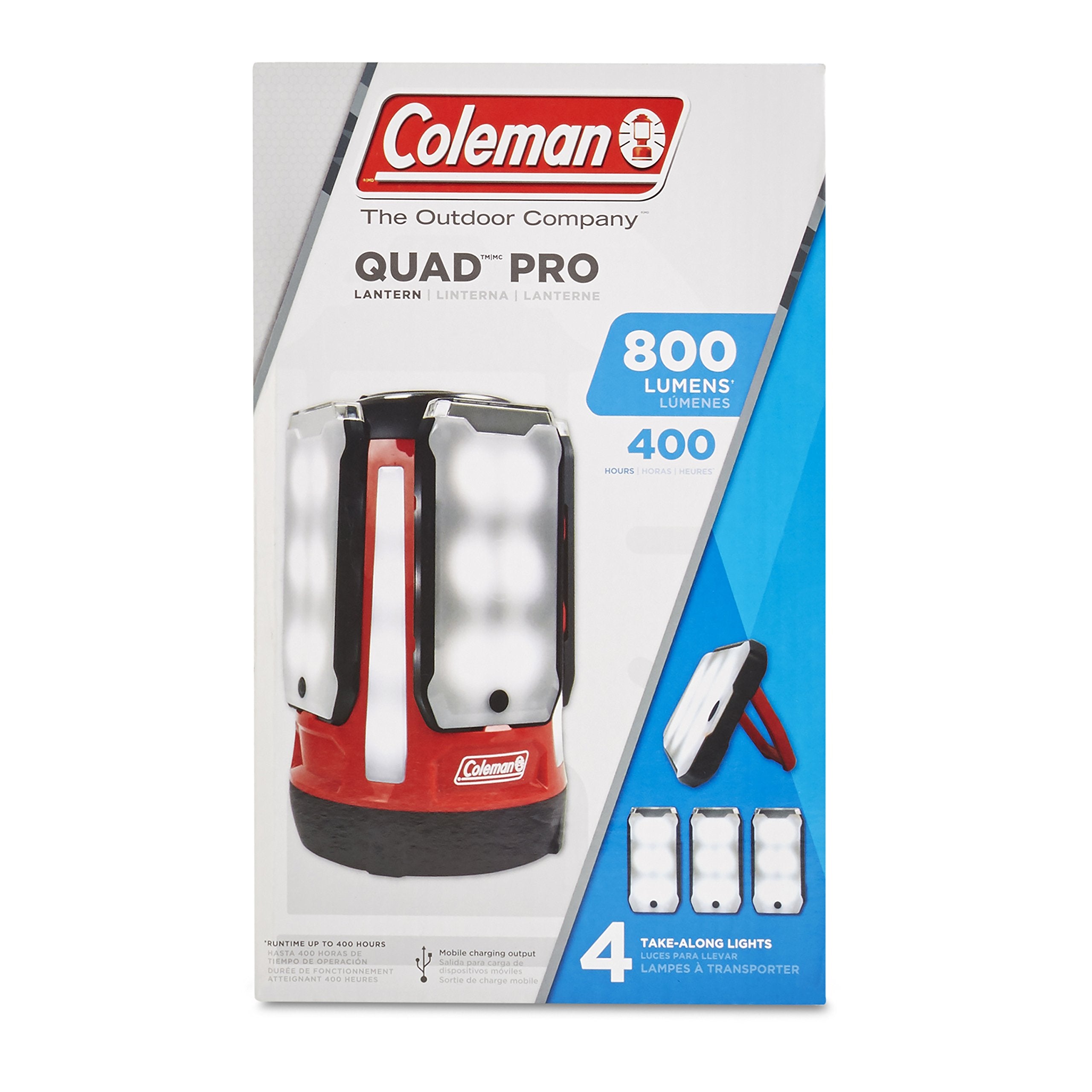 IPX4-rated Coleman Quad Panel 800L lantern withstands outdoor rain