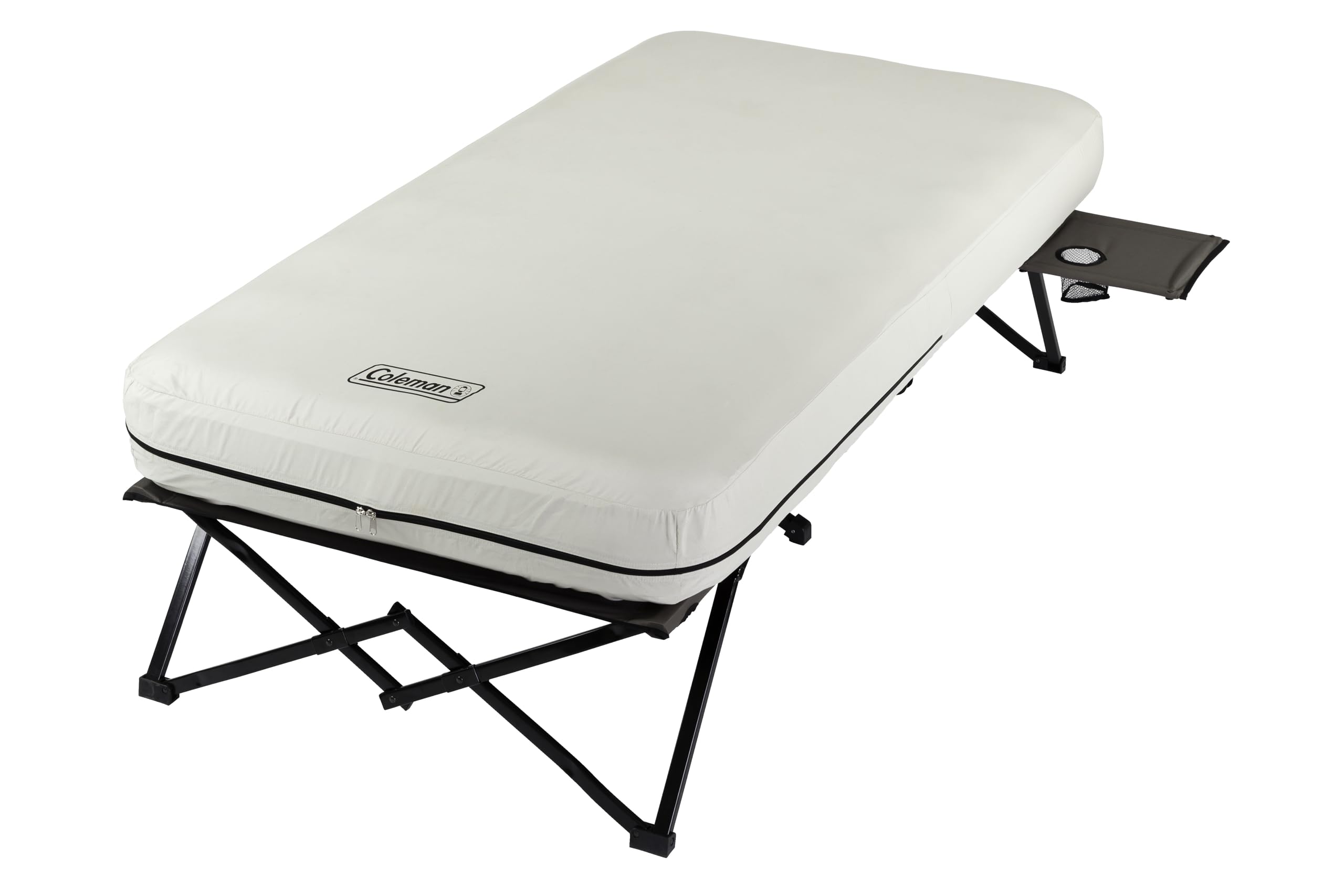 Coleman queen-size airbed cot setup for elevated camping sleep.