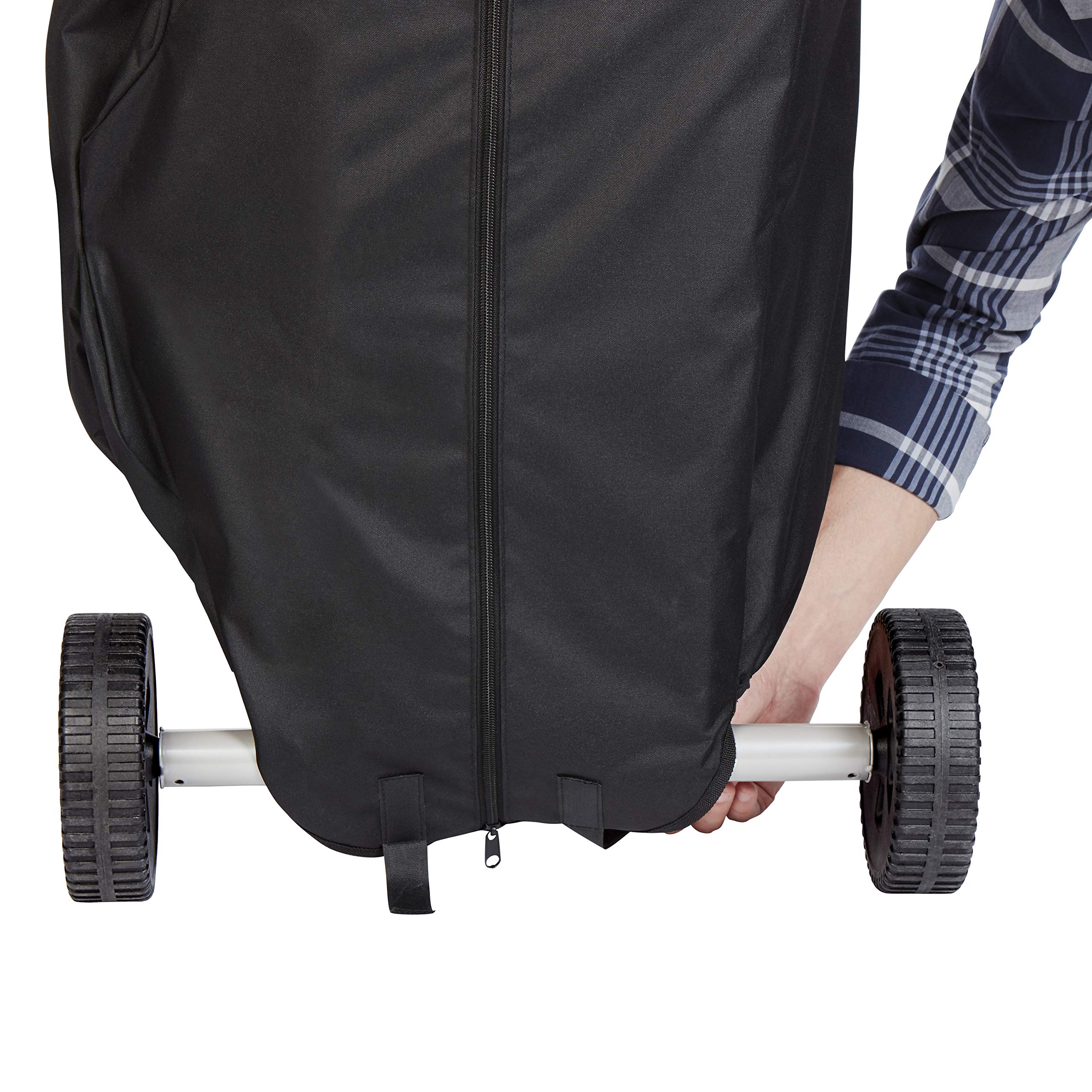 Zipper and tie-down straps secure the grill during storage.