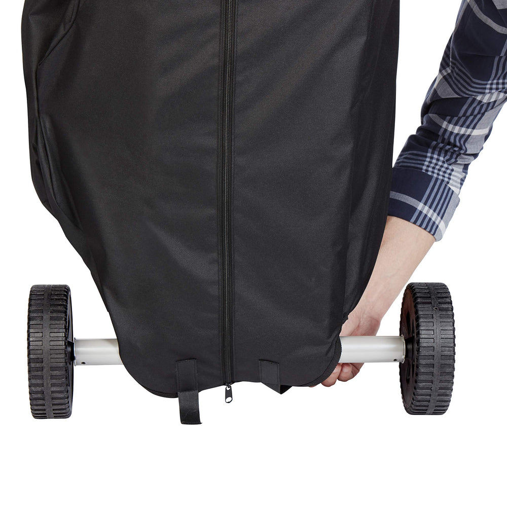 Zipper and tie-down straps secure the grill during storage.