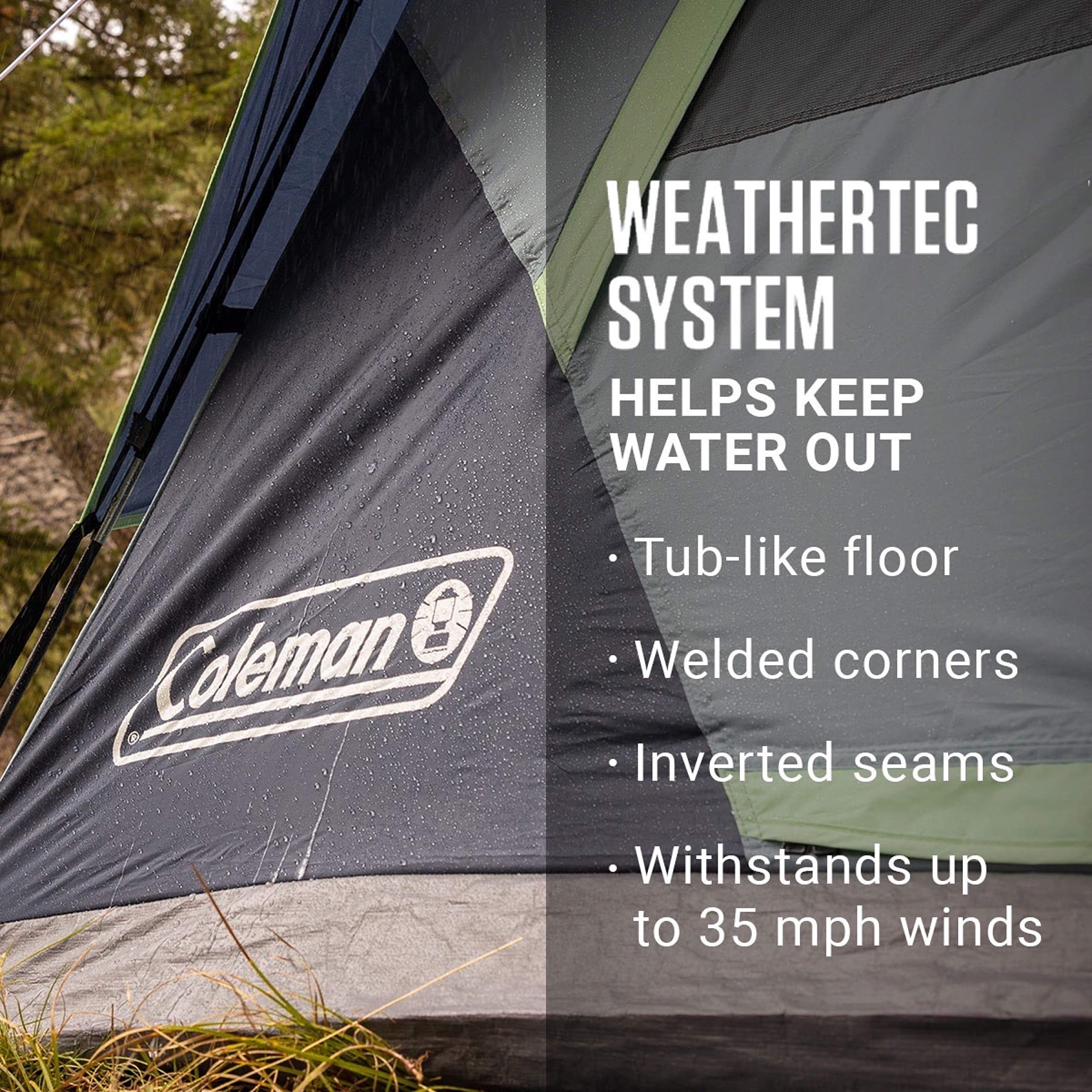 Coleman Skydome WeatherTec highlights tub floor and welded corners for dry gear.