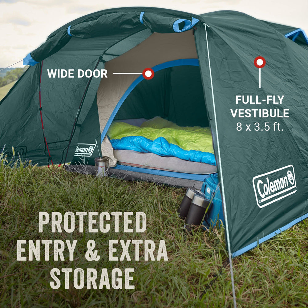 Coleman Skydome WeatherTec keeps gear dry in wet weather.