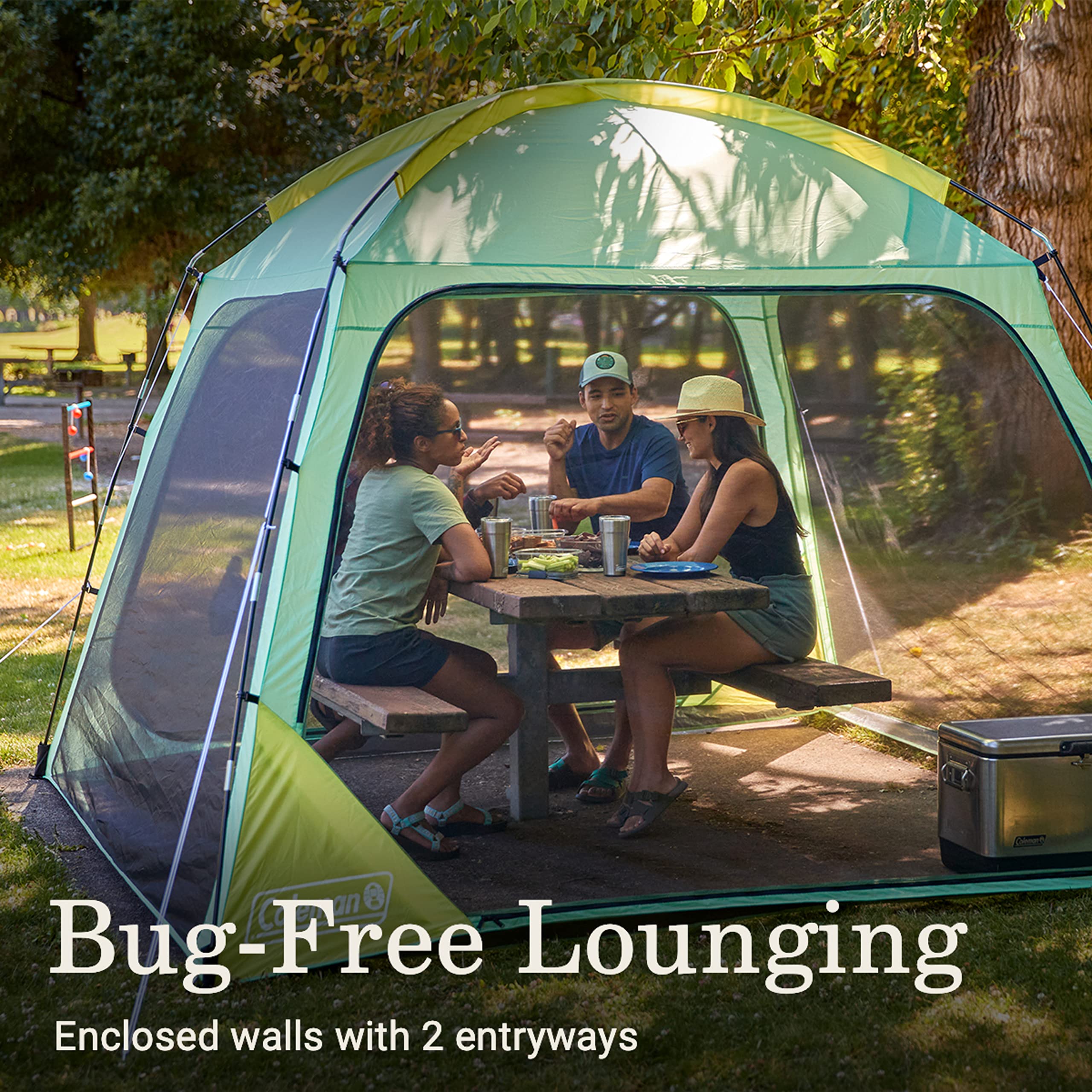 Coleman Skyshade bug-free lounging inside mesh walls for outdoor relaxation