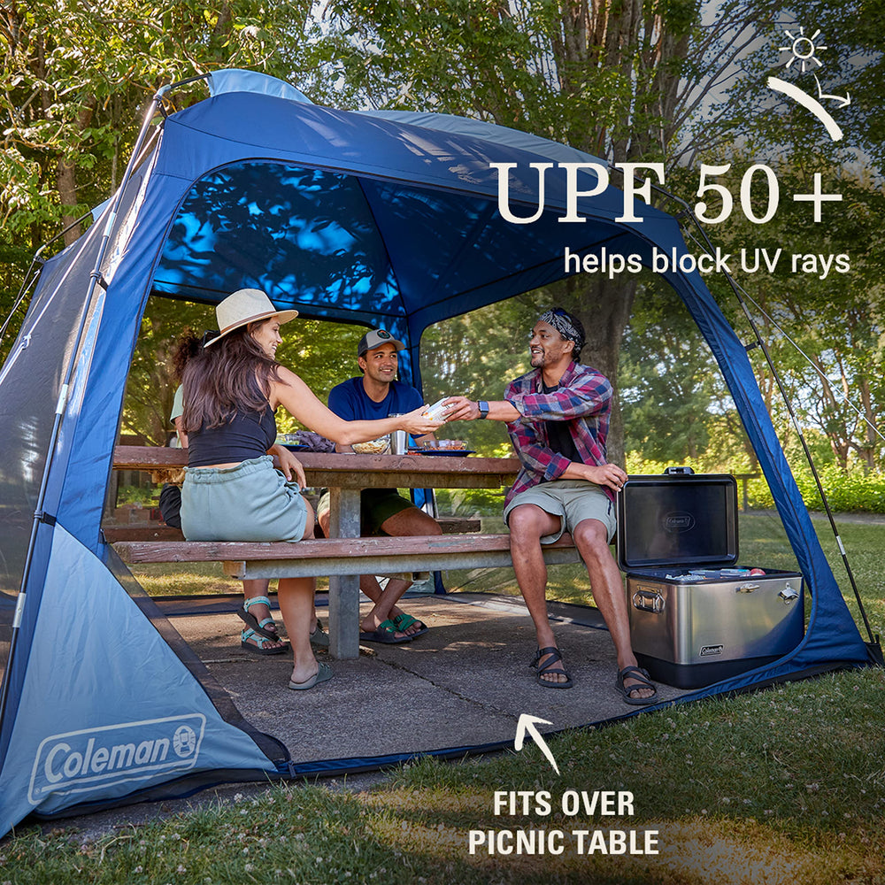 Coleman Skyshade easy setup with fiberglass poles for quick campsite setup.
