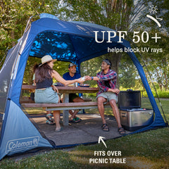 Coleman Skyshade easy setup with fiberglass poles for quick campsite setup.