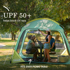 Coleman Skyshade fits over picnic table for meals without insects