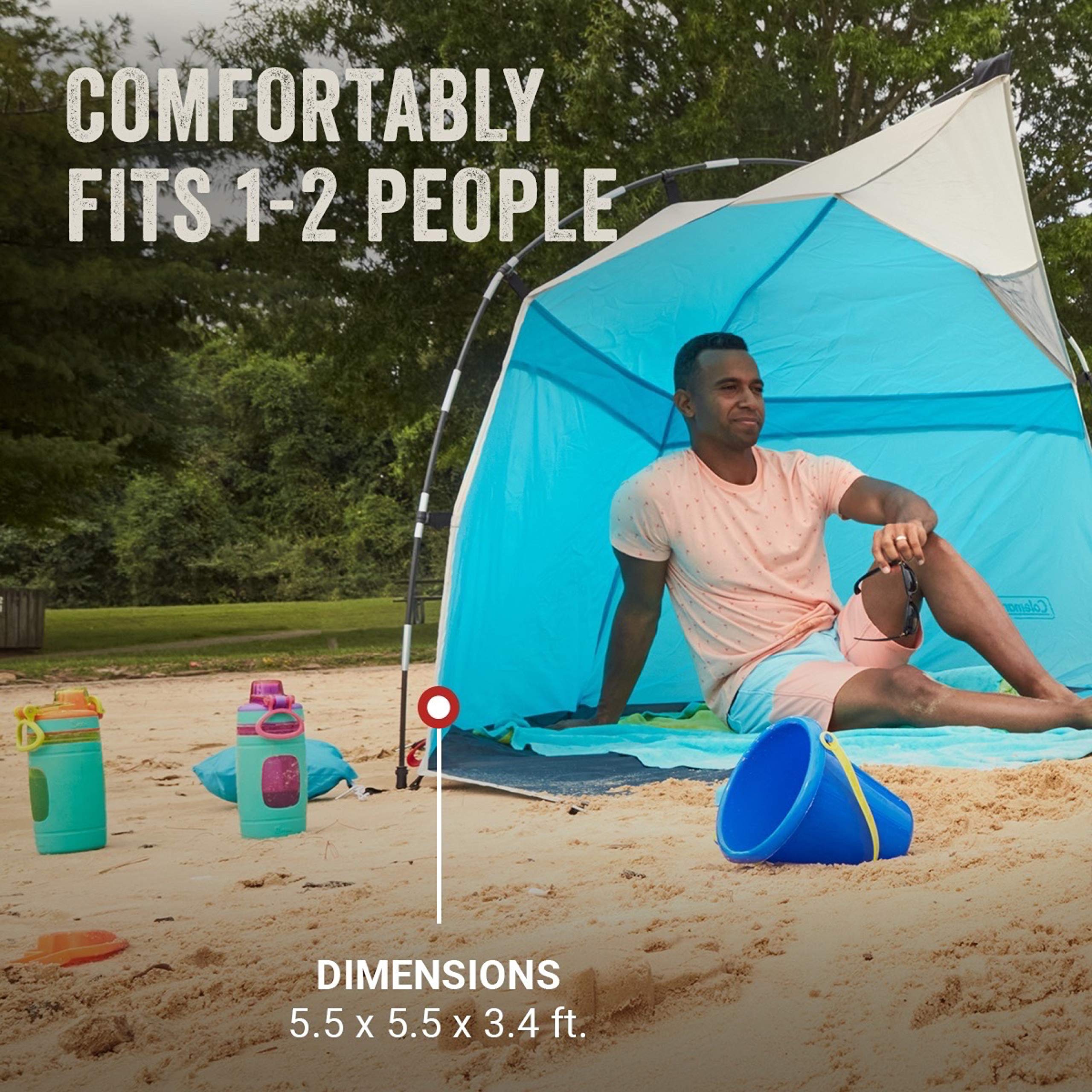 Interior measures 5.5 by 5.5 by 3.4 feet for roomy shade with Coleman Skyshade.