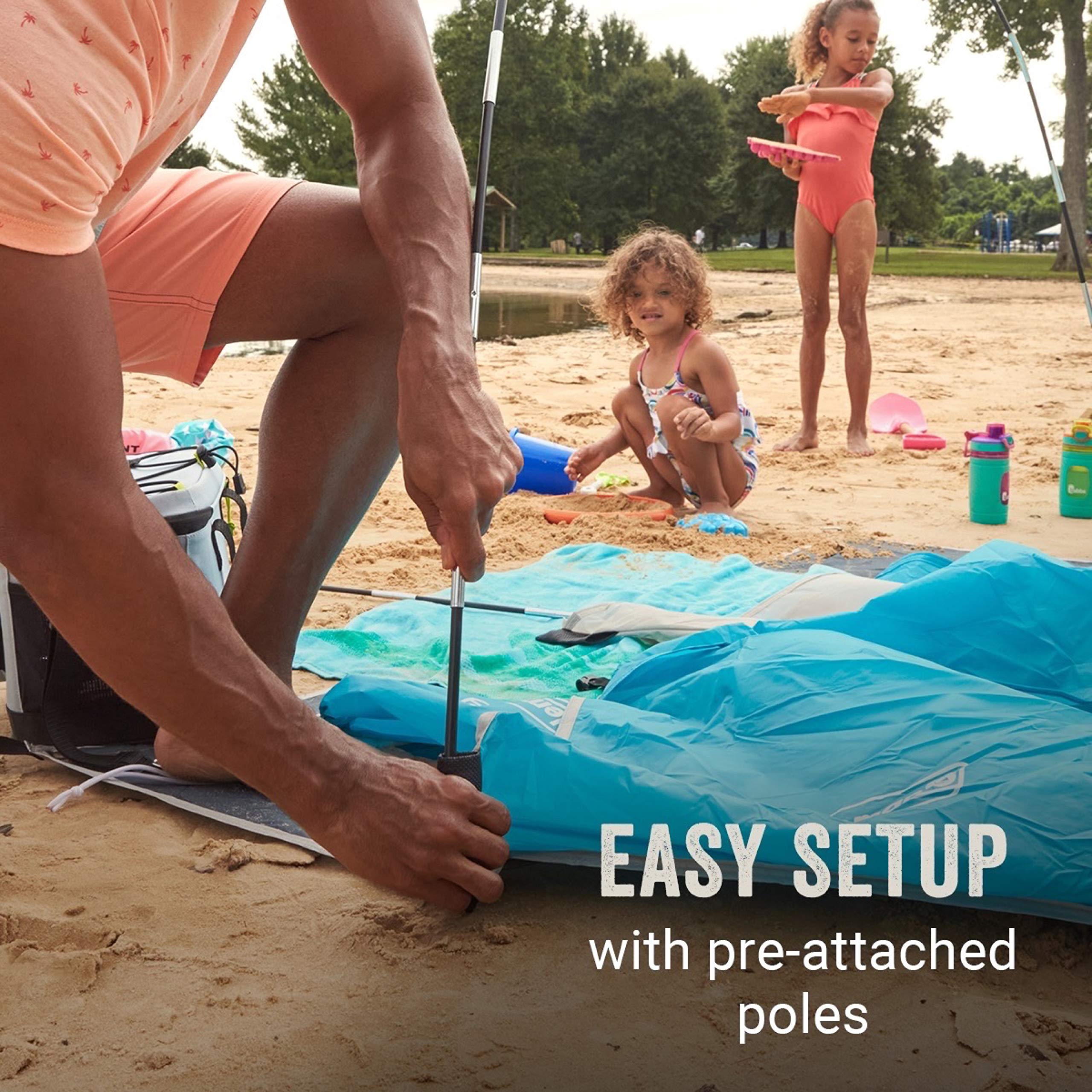 Extended roof and floor on Coleman Skyshade provide extra shade and sand protection.