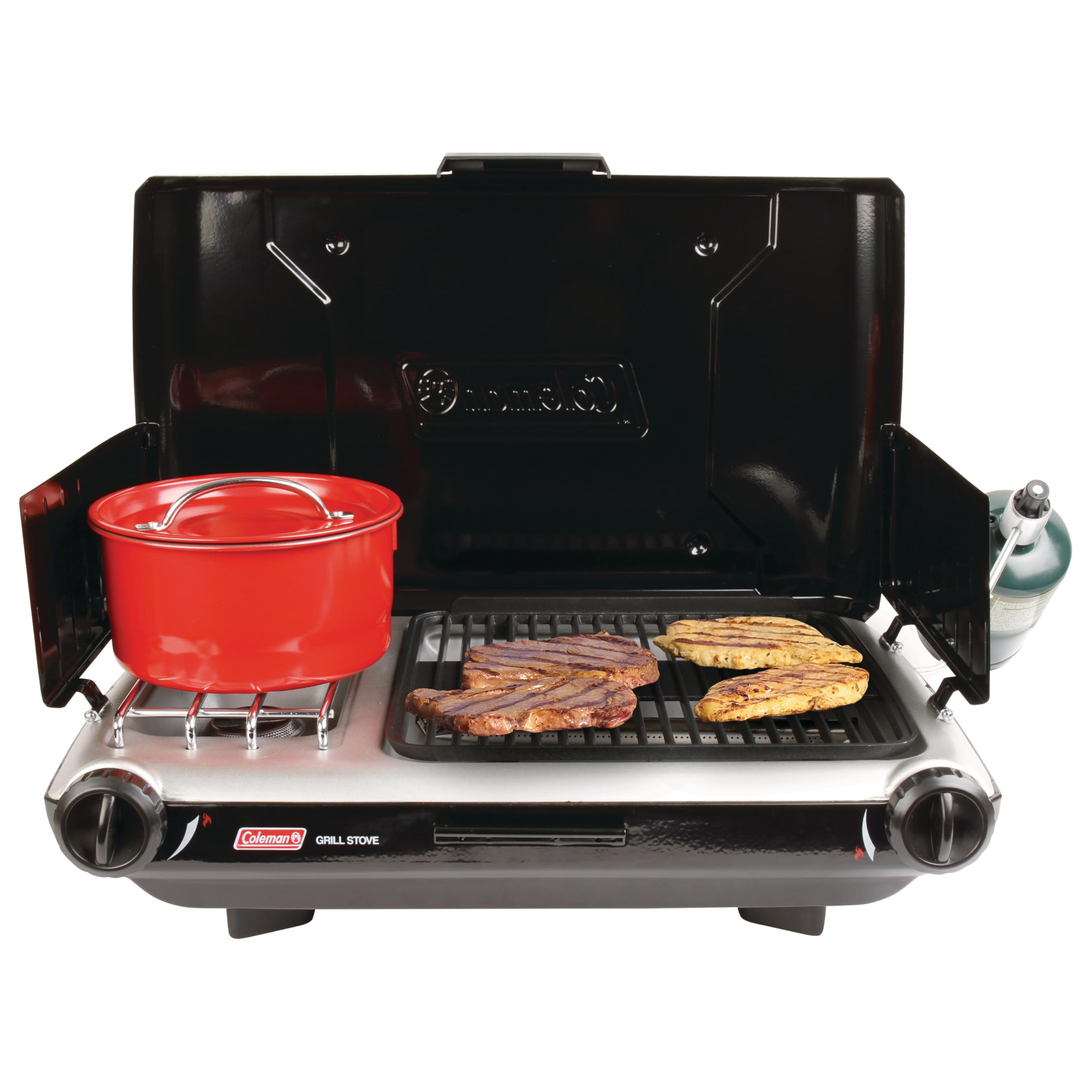 Coleman Tabletop 2-in-1 burner-control knobs enable precise cooking.