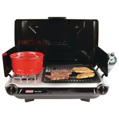 Coleman Tabletop 2-in-1 burner-control knobs enable precise cooking.