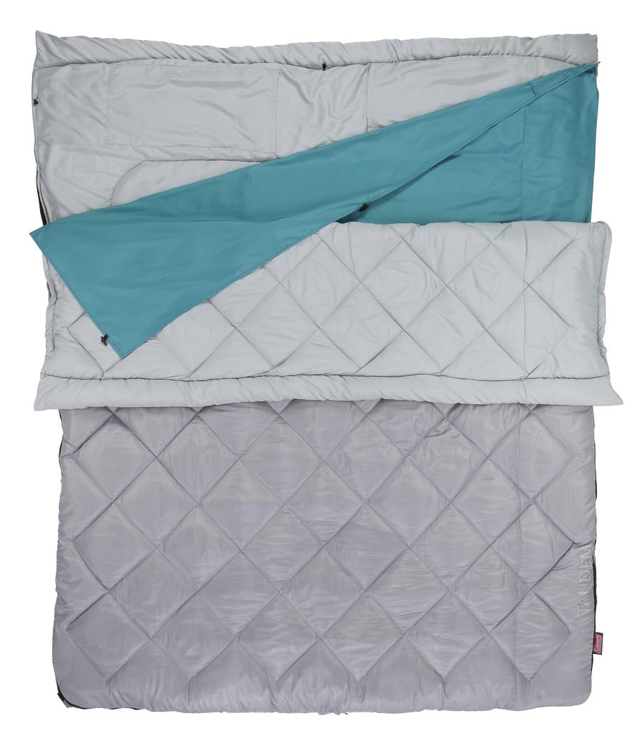 Coleman tandem 3-in-1 sleeping bag folded for compact storage.
