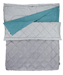 Coleman tandem 3-in-1 sleeping bag folded for compact storage.