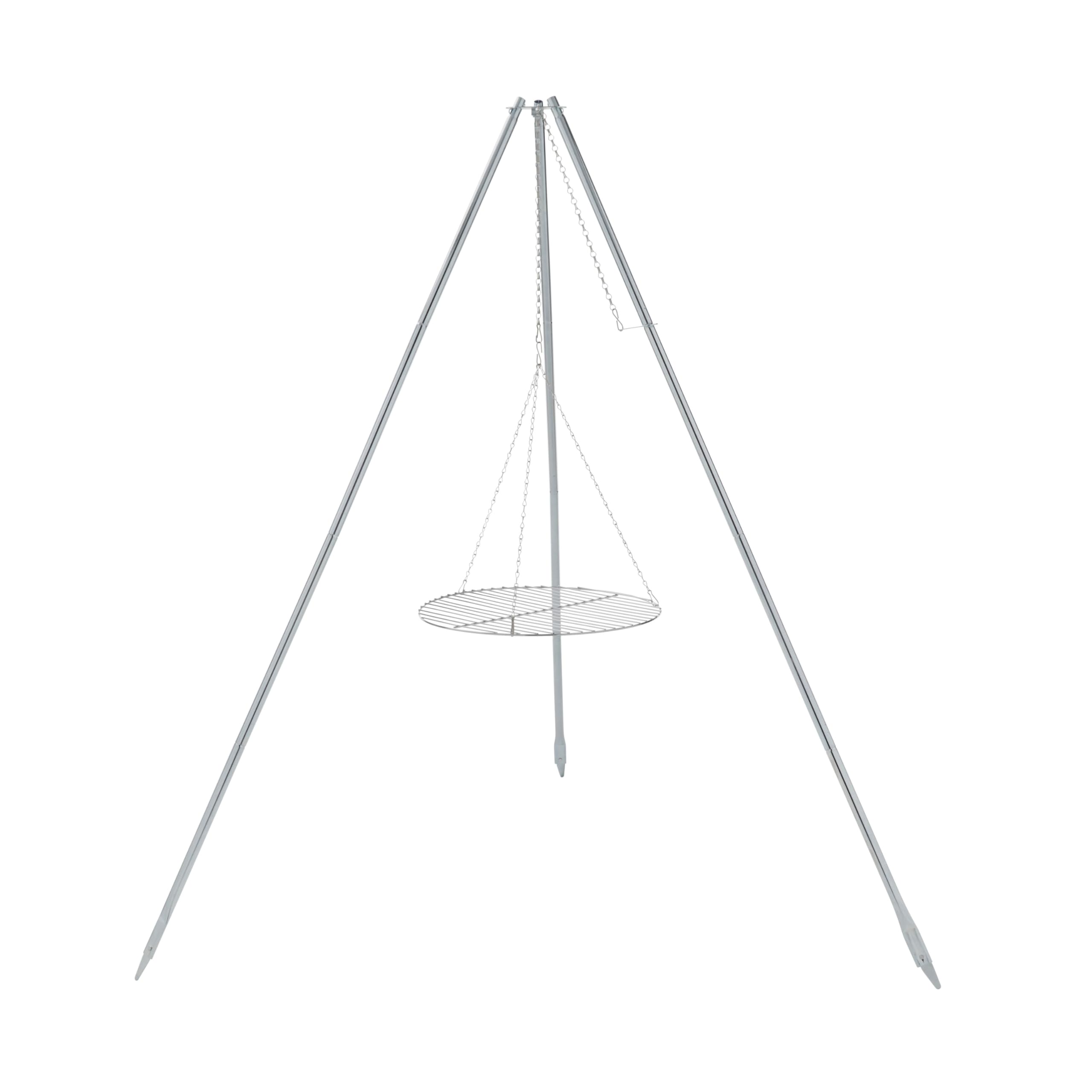 Coleman Tripod grill over campfire with adjustable height for even cooking