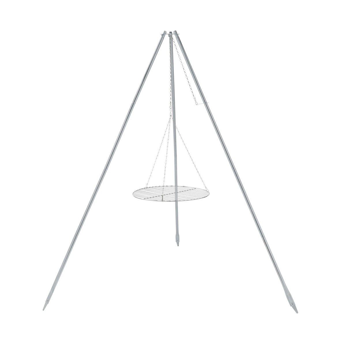 Coleman Tripod grill over campfire with adjustable height for even cooking