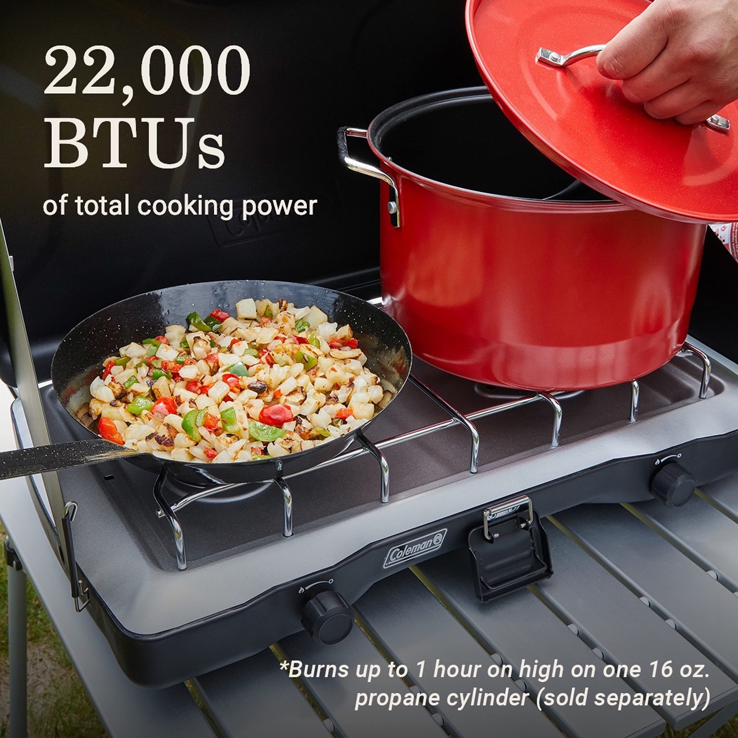 Coleman Triton 22,000 BTU power for versatile outdoor meals.