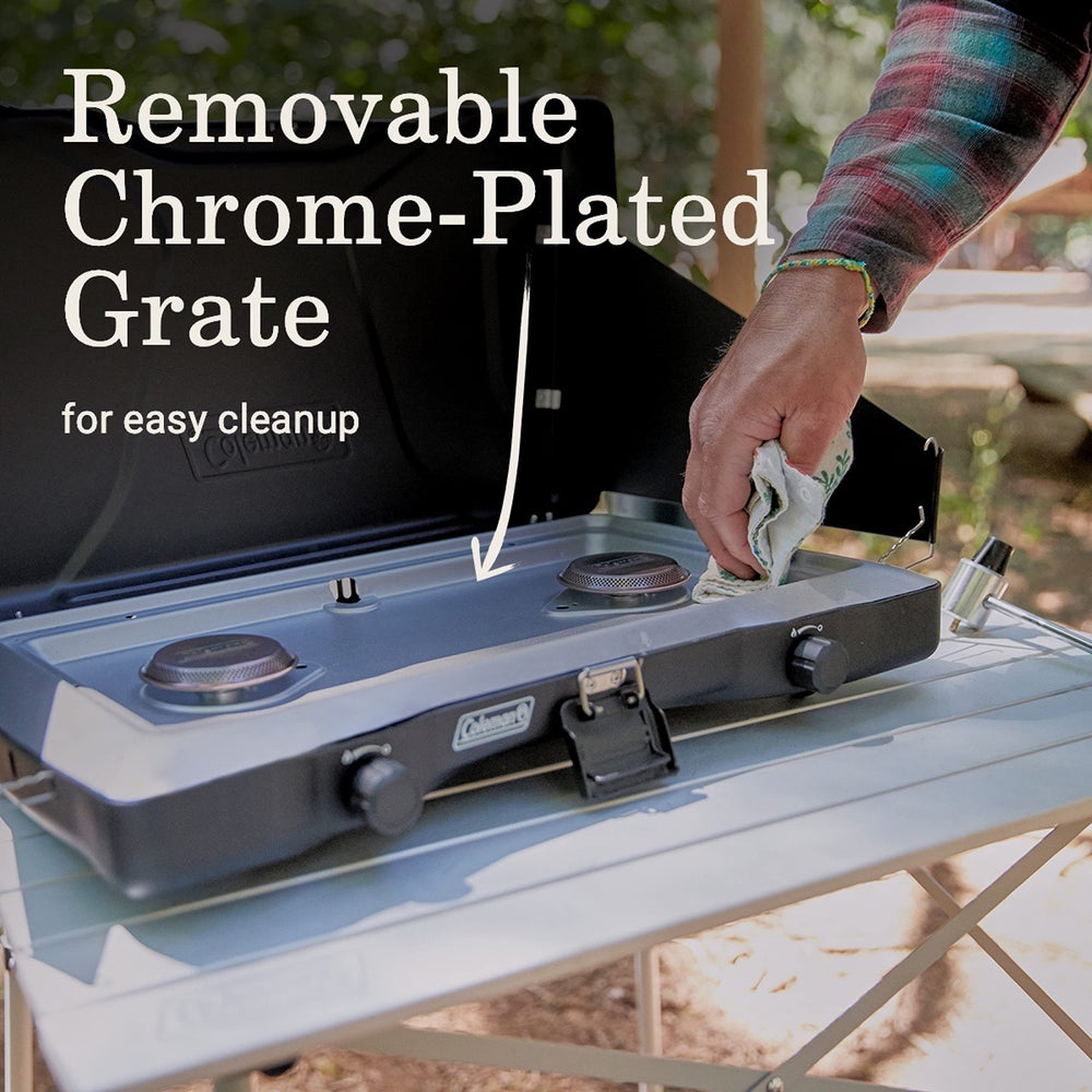 Coleman Triton chrome-plated grate removable for quick cleanup.