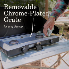 Coleman Triton chrome-plated grate removable for quick cleanup.