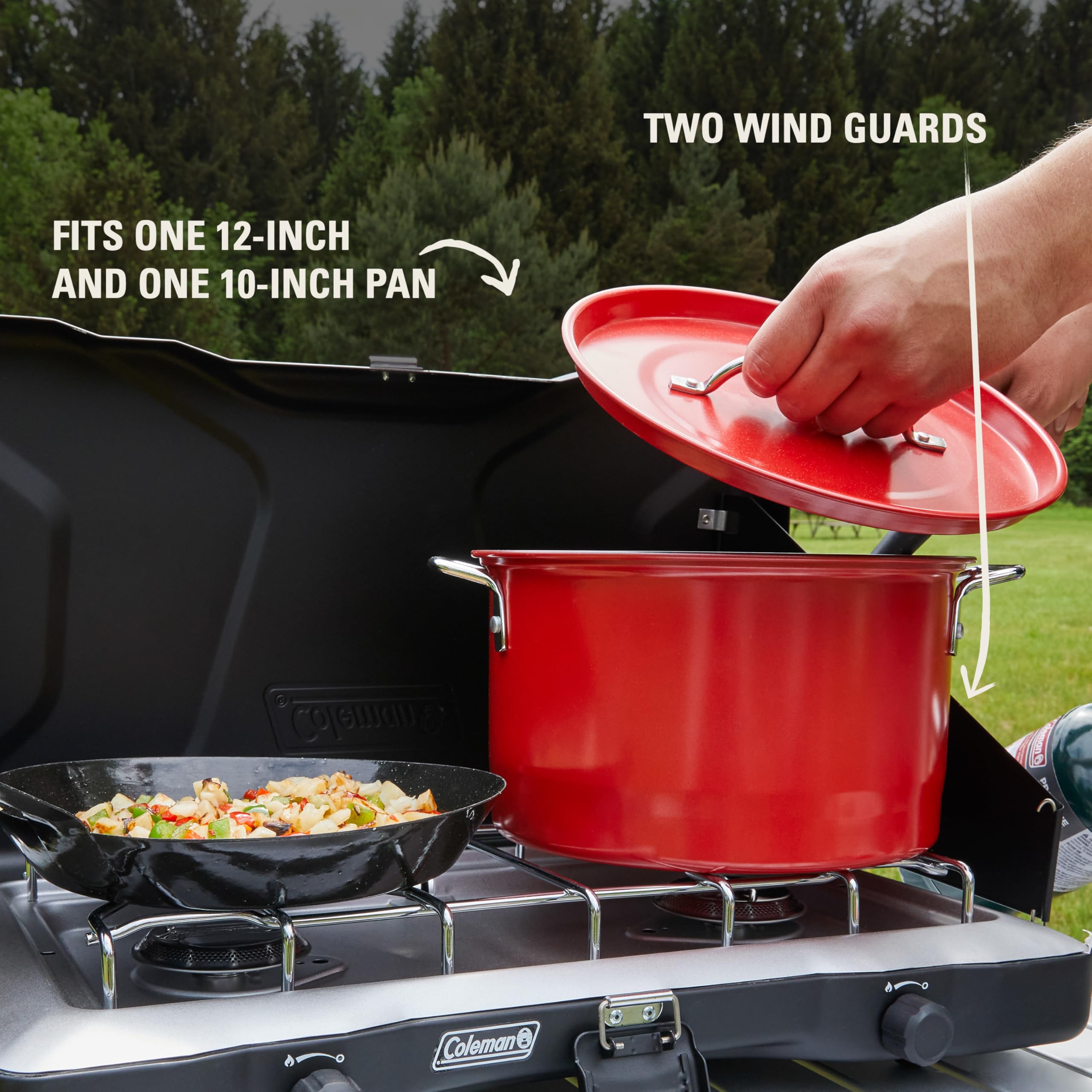 Fits 12-inch and 10-inch pans for versatile camping meals.