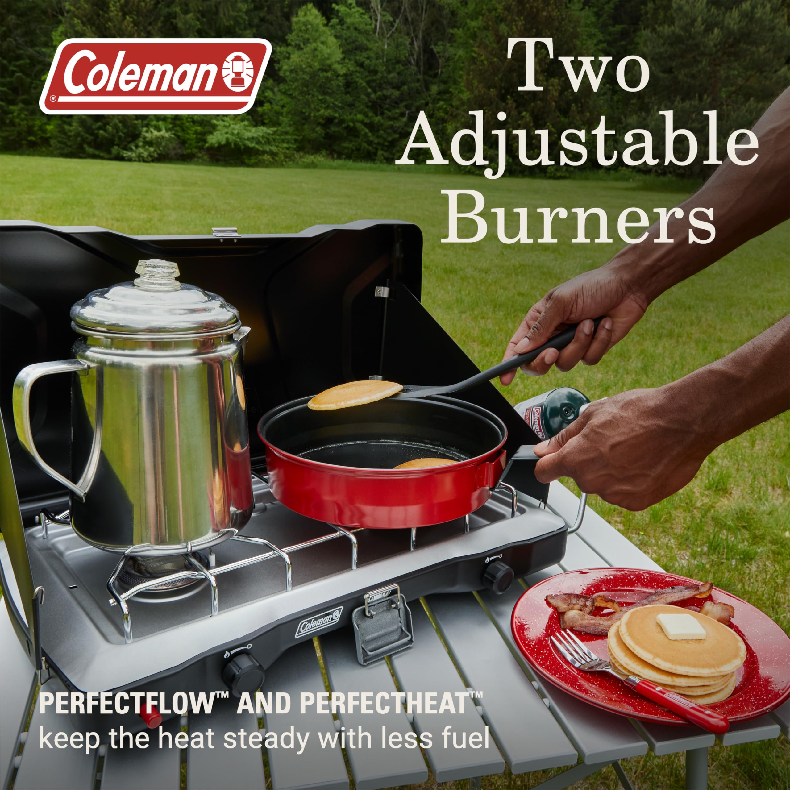 Two independent burners on Coleman Triton+ offer precise heat control.