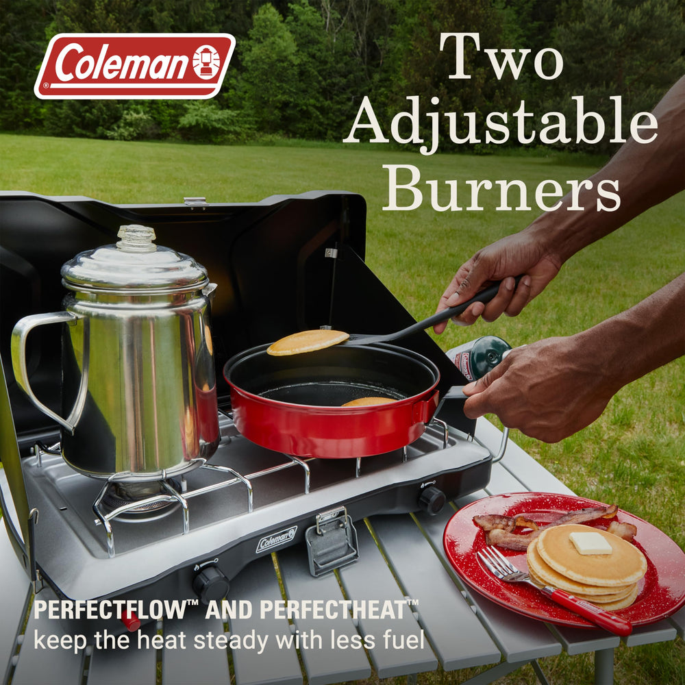 Two independent burners on Coleman Triton+ offer precise heat control.