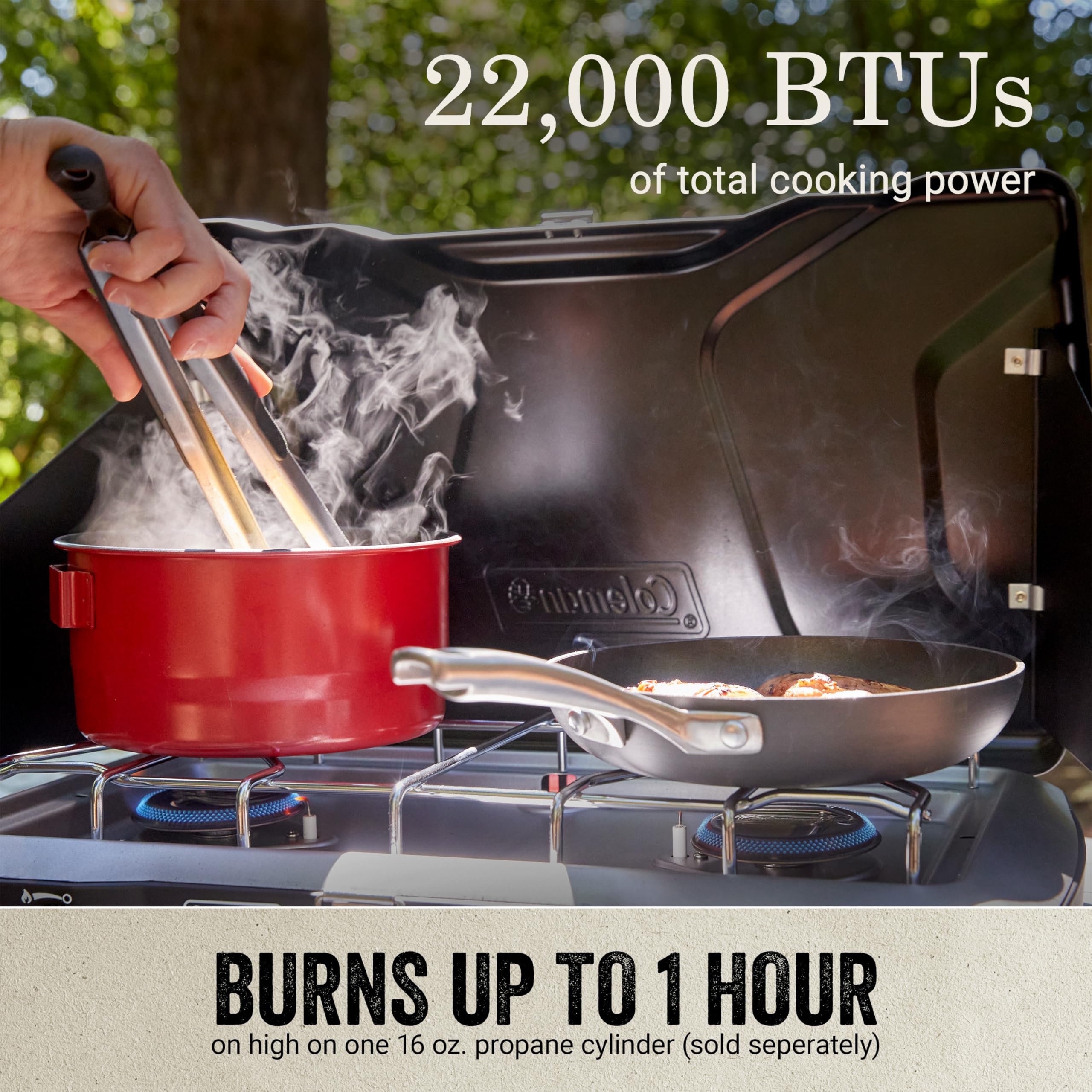 Dual wind guards protect burners for stable cooking outdoors.