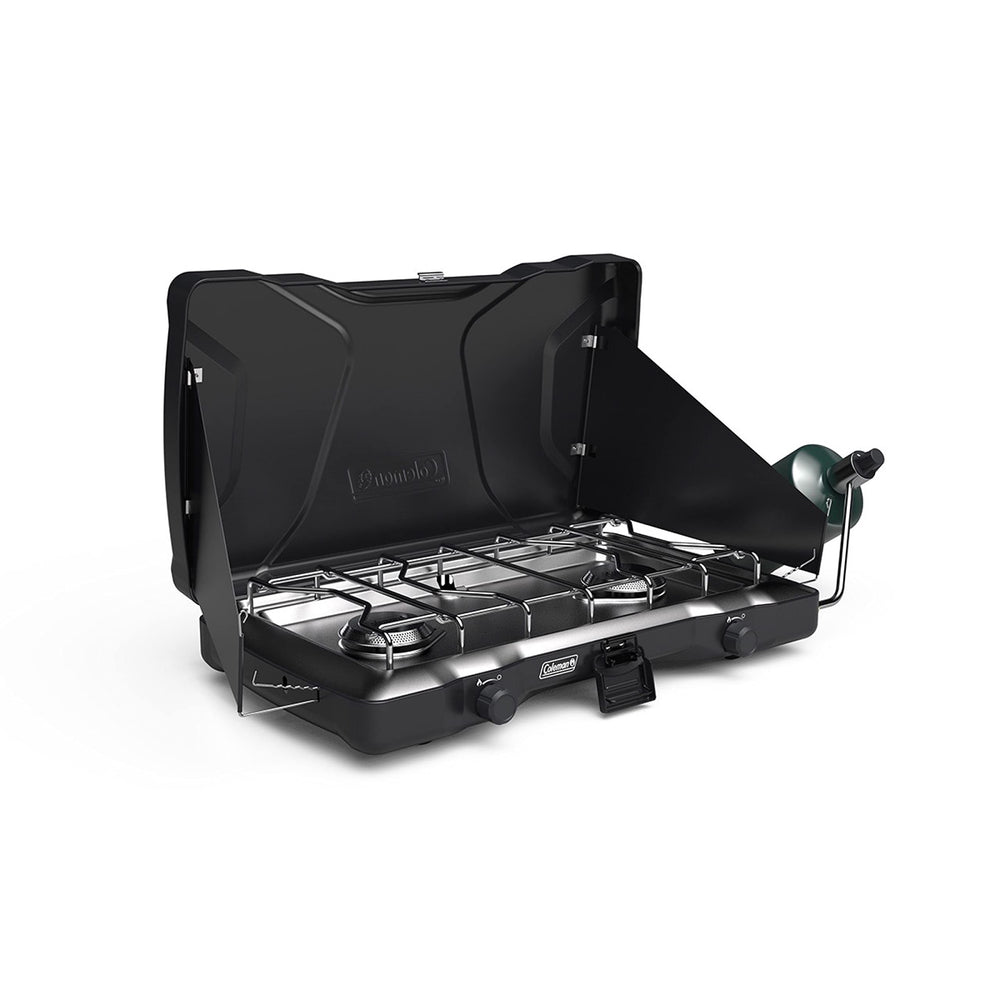 Coleman Triton two-burner stove packed for travel, compact and secure.