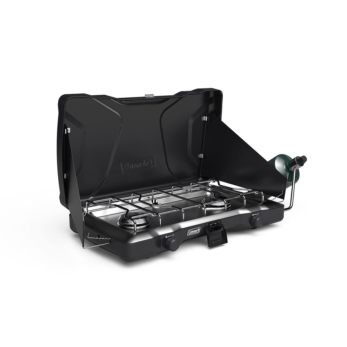 Coleman Triton two-burner stove packed for travel, compact and secure.