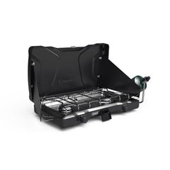 Coleman Triton two-burner stove packed for travel, compact and secure.