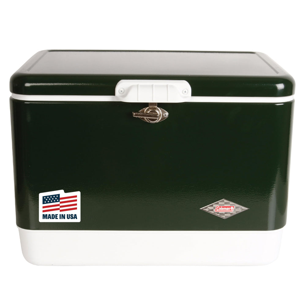 Coleman Vintage 54qt steel belted cooler lid for secure transport and seating.