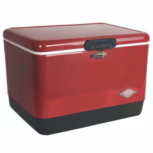 Coleman Vintage 54qt cooler red exterior shown in a backyard setup.
