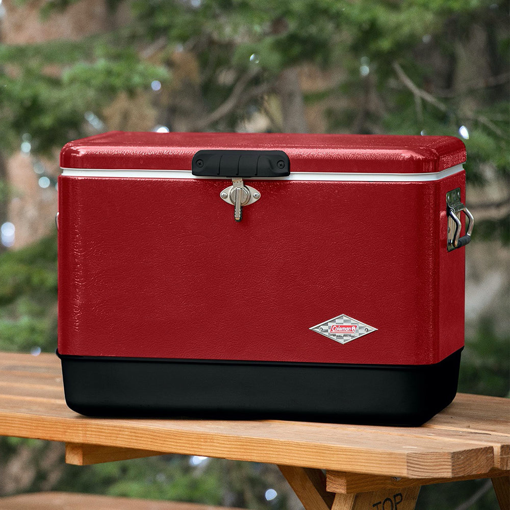 Coleman Vintage 54qt cooler rust-resistant hardware for long-lasting use.