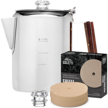 COLETTI Bozeman 9-Cup camping coffee pot ready on camp stove for bold brews.