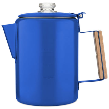 COLETTI Bozeman blue percolator front view shows stainless steel and glass top for watching the brew