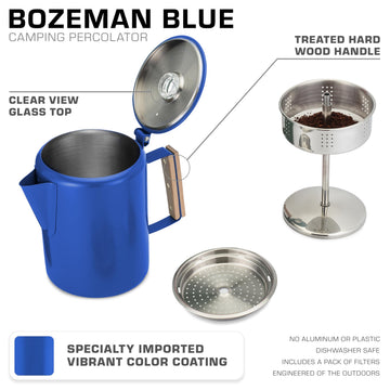 COLETTI Bozeman blue percolator glass-top lid highlighting brew visibility