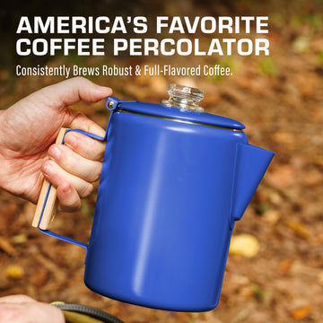 COLETTI Bozeman blue percolator on stovetop mid-brew forcamp use