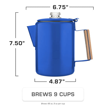 COLETTI Bozeman blue percolator side view with rosewood handle in focus