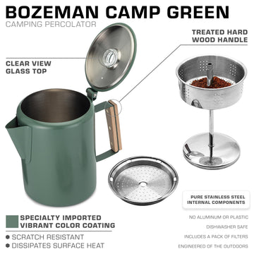 COLETTI Bozeman Green percolator brewing over a campfire outdoors