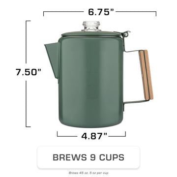 COLETTI Bozeman Green percolator side handle designed for outdoor pouring